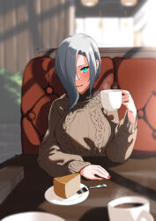 Rule 34 | 1girl, absurdres, blue eyes, blush, breasts, brown sweater, cake, cake slice, coffee cup, commission, cup, disposable cup, ert raitsui, fingernails, food, fork, girls&#039; frontline, grey hair, hair over one eye, hand up, highres, holding, holding cup, indoors, large breasts, long sleeves, looking at viewer, mg5 (girls&#039; frontline), nail polish, open mouth, red nails, ribbed sweater, skeb commission, slit pupils, solo, steam, sweater