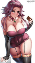 absurdres artist_name bare_shoulders black_thighhighs blush breasts card cleavage collarbone dress elbow_gloves gloves hair_ornament hanging_breasts highres holding holding_card izayoi_aki jewelry large_breasts looking_at_viewer medium_hair necklace patreon_username pixiv_username red_eyes red_hair shiny_skin simple_background skindentation smile thick_thighs thighhighs thighs type-dog variant_set white_background yu-gi-oh! yu-gi-oh!_5d&#039;s