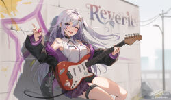 Rule 34 | 1991 (blz), 1girl, ;p, ahoge, bare shoulders, black jacket, black shorts, blurry, blurry background, blush, breasts, collared shirt, commission, copyright request, day, depth of field, dress shirt, electric guitar, grey hair, guitar, hair between eyes, hair intakes, highres, holding, holding instrument, instrument, jacket, long hair, long sleeves, medium breasts, off shoulder, one eye closed, one side up, open clothes, open jacket, outdoors, parted lips, pleated skirt, plectrum, power lines, puffy long sleeves, puffy sleeves, purple eyes, purple skirt, shirt, short shorts, shorts, sitting, skirt, sleeveless, sleeveless shirt, sleeves past wrists, solo, tongue, tongue out, utility pole, very long hair, virtual youtuber, white shirt