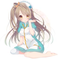 Rule 34 | 1girl, apron, barefoot, blue dress, blue sleeves, bow, brown hair, buttons, circle, commentary request, dress, frilled hairband, frills, full body, hair bow, hairband, hand up, hat, light blush, long hair, looking at viewer, love live!, minami kotori, nurse, nurse cap, one side up, orange bow, parted lips, partial commentary, puffy short sleeves, puffy sleeves, raised eyebrows, short dress, short sleeves, simple background, single bare leg, single barefoot, single hair ring, single thighhigh, sitting, solo, stethoscope, thighhighs, toes, usamata, very long hair, wariza, white apron, white background, white headwear, white thighhighs, yellow eyes