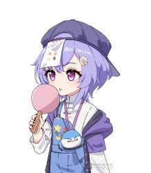 Rule 34 | 1girl, absurdres, asiri senpai, bag, baseball cap, braid, casual, chinese clothes, coin hair ornament, commentary, english commentary, food, genshin impact, hair between eyes, hair ornament, handbag, hat, highres, holding, ice cream, ice cream cone, licking, long hair, long sleeves, looking away, low ponytail, official alternate costume, ofuda, purple hair, qiqi (genshin impact), qiqi (suibian) (genshin impact), shorts, sidelocks, simple background, single braid, solo, suspender shorts, suspenders