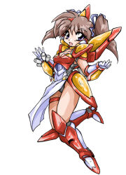 Rule 34 | 1990s (style), 1girl, armor, bad id, bad pixiv id, boots, bow, bridal garter, brown hair, choker, elbow gloves, full body, ginga ojou-sama densetsu yuna, gloves, greaves, happy, high heels, knee boots, mecha musume, mizuno yoko, okuri ookami, open mouth, panties, pauldrons, purple eyes, red armor, retro artstyle, ribbon, shoes, short hair, shoulder armor, simple background, solo, thigh strap, twintails, underwear, white background