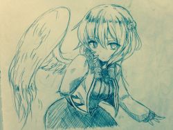 Rule 34 | 1girl, bow, bowtie, braid, breasts, closed mouth, commentary request, contrapposto, cowboy shot, efukei, feathered wings, french braid, hair between eyes, hand up, jacket, kishin sagume, long sleeves, looking at viewer, medium breasts, monochrome, open clothes, open jacket, single wing, solo, standing, touhou, traditional media, wings