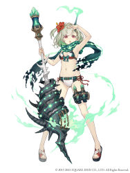 Rule 34 | 1girl, :o, bikini, bow, breasts, flower, full body, green hair, hair flower, hair ornament, highres, horns, ji no, little match girl (sinoalice), looking at viewer, mace, navel, official art, red eyes, sandals, scarf, single horn, sinoalice, small breasts, solo, square enix, swimsuit, thigh strap, weapon, white background