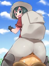 Rule 34 | 10s, 2girls, animal ears, ass, backpack, bad id, bad pixiv id, bag, black gloves, black hair, blonde hair, bucket hat, cloud, day, flying sweatdrops, gloves, hair between eyes, hat, hat feather, highres, kaban (kemono friends), kemono friends, looking back, multiple girls, open mouth, outdoors, pantylines, red shirt, serval (kemono friends), shirt, short hair, sitting, sitting on face, sitting on person, sky, wavy hair, wavy mouth, yoi naosuke