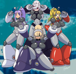 antenna_hair antennae armor armored_boots armored_gloves arms_up bikini_armor black_armor blonde_hair blue_eyes blush boots breasts character_request clenched_hand embarrassed green_ribbon grey_hair hair_over_one_eye hair_ribbon hairband headphones highres hyper_roll_(marvel_vs._capcom) joints knee_boots large_breasts long_hair looking_at_viewer maid_headdress marvel_vs._capcom mechanical_arms mechanical_boots mechanical_legs mega_man_(classic) mega_man_(series) multicolored_hair open_mouth piano_(megaman_megamix) ponytail purple_armor purple_eyes purple_hair radio_antenna raised_fist red_armor red_eyes red_hair ribbon robot robot_girl robot_joints roll_(mega_man) sage_(sonic) shoulder_armor sidelocks smile sonic_(series) sonic_frontiers two-tone_hair white_armor white_hair