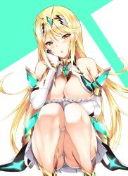 Rule 34 | 1girl, armor, blonde hair, blush, breasts, cleavage, cleavage cutout, clothing cutout, covered navel, daive, earrings, gem, headpiece, highres, jewelry, large breasts, long hair, looking at viewer, mythra (xenoblade), nintendo, shoulder armor, simple background, solo, swept bangs, thigh strap, tiara, xenoblade chronicles (series), xenoblade chronicles 2, yellow eyes