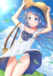 Rule 34 | 1girl, alternate costume, anchor symbol, aomi one, aqua panties, armpits, bag, blue eyes, blue hair, blue panties, blurry, blurry background, blush, bow, bow panties, breasts, clothes lift, cloud, cloudy sky, collarbone, commentary request, day, dress, dress lift, floating hair, frilled panties, frills, grass, hat, highres, holding, holding clothes, holding hat, kantai collection, light rays, long hair, looking at viewer, panties, pantyshot, samidare (kancolle), shoulder bag, sky, sleeveless, small breasts, solo, sun, sun hat, sunbeam, sunlight, swept bangs, two-sided fabric, two-sided skirt, underwear, very long hair, white dress