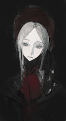 Rule 34 | 1girl, absurdres, ascot, black background, bloodborne, bonnet, cloak, closed mouth, colored skin, commentary, doll, expressionless, forehead, from software, grey eyes, grey hair, highres, looking at viewer, medium hair, meru02295238, parted bangs, plain doll, red ascot, simple background, solo, upper body, variant set, white skin