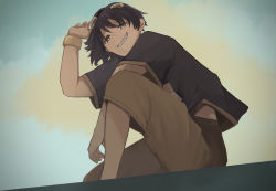 Rule 34 | 1boy, black hair, black shirt, blue sky, bright pupils, brown eyes, brown shorts, cloud, commentary request, day, fukakumei zen&#039;ya, full body, goggles, goggles on head, grin, highres, looking at viewer, male focus, nee (band), outdoors, shirt, short hair, short sleeves, shorts, siroan123, sky, smile, solo, squatting, white pupils, wristband