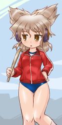 Rule 34 | 1girl, :o, blue one-piece swimsuit, blue sky, brown eyes, brown hair, cloud, day, earmuffs, hair between eyes, hand on own hip, holding, jacket, jitome, leg up, long sleeves, looking to the side, mountain, no pants, one-piece swimsuit, outdoors, red jacket, ritual baton, school swimsuit, shiny skin, short hair, sky, solo, standing, swimsuit, swimsuit under clothes, thighs, touhou, toyosatomimi no miko, track jacket, track suit, white legwear, winn, zipper