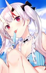 Rule 34 | 1girl, ahoge, bare shoulders, bikini, bikini top only, blue bikini, blue sky, breasts, cleavage, cloud, cloudy sky, collarbone, commentary, earrings, flat chest, food, highres, hololive, horns, jewelry, knees, licking, long hair, multicolored hair, nakiri ayame, nakiri ayame (hololive summer 2019), nana kagura, official alternate costume, official art, outdoors, popsicle, red eyes, sky, solo, striped bikini, striped clothes, swimsuit, tongue, tongue out, twintails, virtual youtuber, white hair