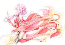 Rule 34 | 10s, 1girl, ass, back cutout, bare shoulders, black thighhighs, breasts, clothing cutout, colored pencil (medium), detached sleeves, elbow gloves, closed eyes, gloves, guilty crown, hair ornament, hairclip, highres, long hair, navel, pink hair, princess ailish, solo, tears, thighhighs, traditional media, twintails, yuzuriha inori