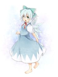 Rule 34 | 1girl, barefoot, blue eyes, blue hair, bow, cirno, dress, fairy, hair bow, hair ribbon, ice, ice wings, open mouth, ribbon, short hair, snowlake, touhou, wings