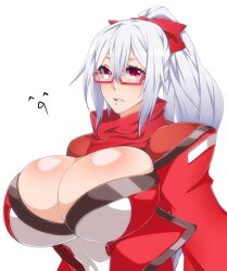 Rule 34 | 1girl, bow, breasts, glasses, grey hair, hair bow, high collar, highres, huge breasts, hz (666v), jacket, long hair, looking at viewer, original, ponytail, red bow, red eyes, red jacket, shiny skin
