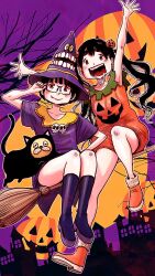 2girls animal_costume asano_inio black_hair broom broom_riding cat_costume commentary dead_dead_demons_de_dedede_destruction dog drooling glasses halloween halloween_costume hat highres koyama_kadode long_hair mouth_drool multiple_girls nakagawa_ouran pumpkin_costume purple_background saliva thick_eyebrows witch_hat