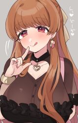 Rule 34 | 1girl, blush, bow, bracelet, breasts, brown hair, cleavage, earrings, flower earrings, hair between eyes, hair bow, highres, jewelry, kinakosuki, large breasts, licking lips, long hair, looking at viewer, nail polish, nose blush, original, pink nails, red eyes, single earring, solo, swept bangs, tongue, tongue out