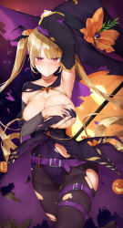 Rule 34 | 1girl, absurdly long hair, akitaka akita, alternate costume, arm across chest, armpits, arms up, azur lane, bandages, bat hair ornament, belt, black pantyhose, blonde hair, blush, breasts, broom, buckle, cape, choker, cleavage, clenched teeth, covered navel, covering privates, covering breasts, cowboy shot, damaged, dress, embarrassed, food-themed hair ornament, gem, gold, hair ornament, halloween, halloween costume, hat, highres, holding, holding clothes, holding hat, jack-o&#039;-lantern, jewelry, large breasts, leotard, long hair, looking at viewer, necklace, nelson (azur lane), nelson (luna witch) (azur lane), pantyhose, potion, pumpkin hair ornament, purple leotard, red eyes, red gemstone, sidelocks, simple background, skindentation, solo, sweat, taut clothes, taut leotard, tearing up, teeth, thigh strap, thighband pantyhose, torn cape, torn clothes, torn dress, torn pantyhose, twintails, very long hair, white background, wide sleeves, wind, witch, witch hat