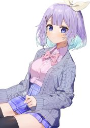 Rule 34 | 1girl, black thighhighs, blue eyes, blue hair, blue skirt, blush, bow, breasts, cardigan, closed mouth, collared shirt, commentary request, dress shirt, grey cardigan, hair ornament, hair ribbon, hairband, hairclip, long sleeves, looking at viewer, multicolored hair, nijisanji, nijisanji kr, nun bora, nun bora (2nd costume), open cardigan, open clothes, pink bow, pink shirt, plaid, plaid skirt, pleated skirt, purple hair, ribbon, school uniform, shirt, simple background, sitting, skirt, sleeves past wrists, small breasts, smile, solo, syhan, thighhighs, two-tone hair, virtual youtuber, white background, white hairband, white ribbon