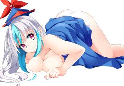 Rule 34 | 1girl, absurdres, ass, bare arms, blue dress, blue hair, breasts, cleavage, clothes lift, clothes pull, collarbone, dress, dress lift, dress pull, female focus, hat, highres, kamishirasawa keine, kotomuke fuurin, large breasts, long hair, looking at viewer, multicolored hair, no bra, panties, purple eyes, silver hair, smile, solo, top-down bottom-up, touhou, transparent background, two-tone hair, underwear, white background, white panties
