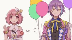 Rule 34 | 1boy, 1girl, balloon, black vest, blue shirt, breasts, candy, cleavage, collared shirt, dress, food, gloves, hand up, highres, isono skyk, kamishiro rui, multicolored hair, neck ribbon, ootori emu, pink dress, pink eyes, pink hair, project sekai, puffy short sleeves, puffy sleeves, purple hair, ribbon, shirt, short hair, short sleeves, simple background, small breasts, smile, streaked hair, vest, white background, white gloves, yellow eyes, yellow ribbon