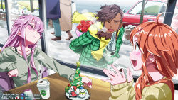 Rule 34 | 1boy, 2girls, ahoge, badeline, blush, bouquet, bra strap, brown hair, car, celeste (video game), christmas, closed eyes, closed mouth, coffee cup, collarbone, colored sclera, cup, dark-skinned male, dark skin, dated, del-chan, disposable cup, facing another, flower, highres, holding, holding bouquet, holding cup, indoors, logo parody, long hair, looking at another, madeline (celeste), motor vehicle, multiple girls, open mouth, purple hair, red eyes, red sclera, scarf, smile, snow, starbucks, theo (celeste), twitter username, very long hair, wallpaper, yellow scarf