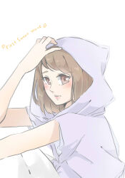 Rule 34 | 1girl, blush, breasts, brown eyes, brown hair, commentary request, highres, hood, hood up, hoodie, kashikaze, kusuda aina, looking at viewer, medium breasts, parted lips, purple hoodie, real life, short sleeves, simple background, solo, upper body, voice actor connection, white background