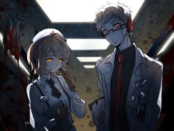 Rule 34 | 1boy, 1girl, backlighting, black necktie, black shirt, blonde hair, blood, blood bag, bolimanyu z, brown gloves, carrying, carrying under arm, ceiling light, chinese commentary, clipboard, collared shirt, commentary request, cross, doctor, dr. dareka, dress, expressionless, glasses, gloves, glowing, glowing eyes, half-closed eyes, hand up, headphones, highres, holding, holding clipboard, holding pen, indoors, intravenous drip, iv stand, lab coat, looking at viewer, looking down, mask, mouth mask, name tag, necktie, nurse, nurse robot type t, orange eyes, pale skin, pen, rectangular eyewear, red cross, red eyes, red necktie, semi-rimless eyewear, shirt, shirt under dress, short hair, short necktie, surgical mask, upper body, utau, white dress, white hair, white shirt
