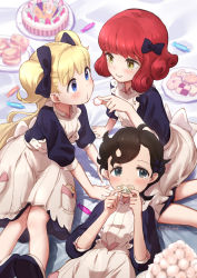 Rule 34 | 3girls, apron, asksj, black dress, black hair, blonde hair, blue eyes, blush, bow, cake, candy, cookie, curly hair, dress, emilico (shadows house), food, green eyes, hair bow, highres, looking at another, looking at viewer, lou (shadows house), maid apron, multiple girls, ram (shadows house), red hair, shadows house, shoes, twintails, yellow eyes