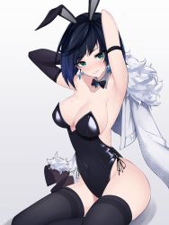 Rule 34 | 1girl, absurdres, arms behind head, arms up, blue hair, blush, bob cut, bow, bowtie, breasts, cleavage, covered navel, dark blue hair, detached collar, earrings, elbow gloves, feint721, genshin impact, gloves, green eyes, grin, highres, jacket, jewelry, large breasts, leotard, looking at viewer, playboy bunny, sitting, smile, thighhighs, yelan (genshin impact)