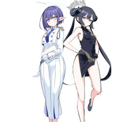 Rule 34 | 2girls, aoi (blue archive), black dress, black gloves, black hair, blue archive, blue eyes, blue hair, blue necktie, breasts, butterfly hair ornament, china dress, chinese clothes, double bun, dress, earclip, epaulettes, gloves, hair bun, hair ornament, halo, kisaki (blue archive), long hair, long skirt, looking at viewer, multiple girls, necktie, pleated skirt, pointy ears, shoka bg, short hair, skirt, small breasts, twintails, white gloves, white skirt
