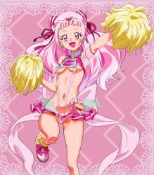 Rule 34 | 10s, 1girl, bad id, bad pixiv id, bare shoulders, breasts, cameltoe, cheerleader, cone hair bun, cure yell, earrings, flower, hair bun, hair flower, hair ornament, hair ribbon, heart, highres, hugtto! precure, jewelry, lips, long hair, looking at viewer, magical girl, medium breasts, navel, nono hana, one-piece swimsuit, ontaros, open mouth, pink eyes, pink hair, pink one-piece swimsuit, pink skirt, pink slingshot swimsuit, pom pom (cheerleading), precure, ribbon, shiny skin, shoes, skirt, slingshot swimsuit, smile, solo, standing, standing on one leg, swimsuit