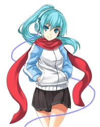 Rule 34 | 1girl, alternate hairstyle, aqua eyes, aqua hair, bad id, bad pixiv id, hands in pockets, hatsune miku, headphones, highres, kiski, long hair, looking at viewer, ponytail, red scarf, scarf, simple background, skirt, smile, solo, vocaloid, white background