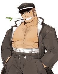 Rule 34 | 1boy, abs, alternate costume, bandaid, bandaid on cheek, bandaid on face, bara, bare pectorals, belt, blush, brown hair, chest hair, cowboy shot, facial hair, goatee, gomtang, grey pants, grin, hands in pockets, hat, jacket, takabushi kengo, large pectorals, long sideburns, looking at viewer, male focus, mature male, mint, muscular, muscular male, nipples, open clothes, open jacket, pants, pectorals, police hat, short hair, sideburns, smile, solo, stubble, thick eyebrows, tokyo houkago summoners