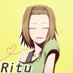 Rule 34 | 1girl, brown hair, closed eyes, collarbone, female focus, free-da, hairband, heart, k-on!, open mouth, short hair, simple background, smile, solo, tainaka ritsu