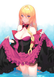 Rule 34 | 1girl, alternate costume, bare shoulders, blonde hair, bow, breasts, cleavage, clothes lift, corset, detached collar, dress, dress lift, hair between eyes, hair bow, large breasts, lifting another&#039;s clothes, long hair, looking at viewer, purple dress, red bow, red eyes, red ribbon, ribbon, roh nam kyung, solo, sparkle, touhou, very long hair, wading, water, yakumo yukari