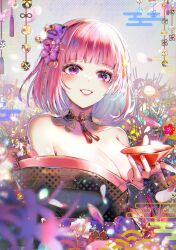 Rule 34 | 1girl, bare shoulders, breasts, cleavage, cup, egasumi, flower, hair flower, hair ornament, holding, holding cup, hololive, hololive english, japanese clothes, kimono, large breasts, looking at viewer, mori calliope, mori calliope (new year), official alternate costume, official alternate hairstyle, pink hair, pink nails, purple eyes, short hair, smile, solo, sowon, virtual youtuber