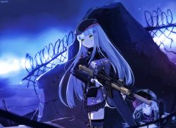 Rule 34 | 2girls, artist name, assault rifle, bad id, bad pixiv id, barbed wire, beret, black hat, black skirt, blue hair, blunt bangs, blurry, blurry foreground, blush, breasts, bullpup, caseless firearm, chain-link fence, closed eyes, closed mouth, commentary request, depth of field, facial mark, fence, g11 (girls&#039; frontline), girls&#039; frontline, green eyes, green jacket, gun, h&amp;k g11, h&amp;k hk416, hair ornament, hat, heckler &amp; koch, hk416 (girls&#039; frontline), holding, holding gun, holding weapon, horizontal magazine, jacket, long hair, looking away, looking to the side, medium breasts, multiple girls, name connection, nekoya (liu), object namesake, open clothes, open jacket, outdoors, plaid, plaid skirt, pleated skirt, purple jacket, purple legwear, revision, rifle, signature, silver hair, skirt, standing, thighhighs, very long hair, weapon