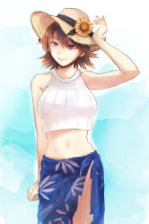 Rule 34 | 1girl, brown hair, flipped hair, flower, groin, hagioshi, hair between eyes, hairband, halterneck, halterneck, hat, hiei (kancolle), highres, kantai collection, light smile, looking to the side, navel, purple eyes, sarong, short hair, smile, straw hat, sun hat, sunflower