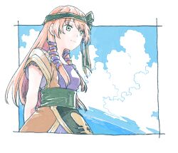 Rule 34 | 1girl, arms behind back, border, breasts, brown tunic, chrono cross, closed mouth, cloud, cloudy sky, dress, green eyes, green hairband, hair ribbon, hairband, leena (chrono cross), light smile, long hair, medium breasts, michibata 65, ocean, orange hair, purple dress, purple ribbon, ribbon, short sleeves, sidelocks, sky, solo, swept bangs, tunic, upper body, white border