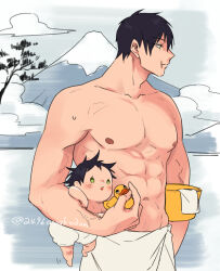 Rule 34 | 2496oyakodon, abs, baby, bara, black hair, bucket, carrying, carrying person, carrying under arm, cowboy shot, father and son, fushiguro megumi, fushiguro touji, green eyes, holding, holding bucket, holding toy, jujutsu kaisen, looking to the side, male focus, mature male, muscular, muscular male, naked towel, navel, nipples, scar, scar on face, scar on mouth, short hair, sweatdrop, topless male, towel, toy, white towel