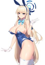 Rule 34 | 1girl, absurdres, animal ears, blonde hair, blue archive, blue eyes, blue leotard, bow, bowtie, breasts, chixiao, detached collar, fake animal ears, halo, highres, large breasts, leotard, long hair, looking at viewer, official alternate costume, playboy bunny, rabbit ears, solo, strapless, strapless leotard, thighhighs, toki (blue archive), toki (bunny) (blue archive), v, very long hair, white background, white thighhighs, wrist cuffs