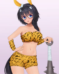 Rule 34 | 1girl, absurdres, alternate costume, animal ears, animal print, arm behind back, bare shoulders, black hair, blue eyes, blush, braid, braided ponytail, breasts, closed mouth, commentary request, cowboy shot, crop top, crown braid, ear covers, ear ornament, elbow sleeve, glasses, gradient background, hair between eyes, hand on own hip, highres, horse ears, horse girl, horse tail, large breasts, long hair, looking at viewer, m172/minatsu, midriff, navel, short shorts, shorts, smile, solo, tail, tiger print, umamusume, zenno rob roy (umamusume)