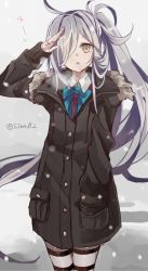 Rule 34 | 10s, 1girl, ahoge, asashimo (kancolle), bow, bowtie, coat, collared shirt, cowboy shot, fur collar, grey eyes, grey pantyhose, hair over one eye, hand in pocket, jewelry, kantai collection, long hair, looking at viewer, multicolored hair, pantyhose, parted lips, ponytail, ring, salute, shijima (sjmr02), shirt, silver hair, snowing, solo, twitter username, two-tone hair, winter clothes, winter coat
