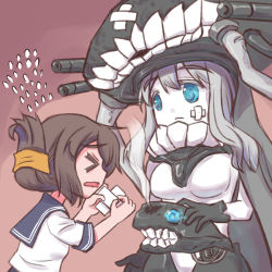 Rule 34 | &gt; &lt;, 10s, 2girls, abyssal ship, aqua eyes, bad id, bad pixiv id, bandaid, bodysuit, brown hair, cannon, cape, crossed bandaids, dress, closed eyes, flying sweatdrops, folded ponytail, gloves, glowing, glowing eyes, hat, i-class destroyer, inazuma (kancolle), injury, kantai collection, long hair, multiple girls, open mouth, personification, sailor dress, school uniform, serafuku, short hair, short sleeves, silver hair, turret, u-non (annon&#039;an), weapon, wo-class aircraft carrier