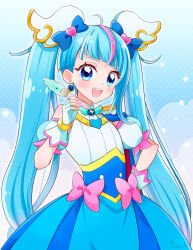 Rule 34 | 1girl, ahoge, blue eyes, blue hair, blush, bow, brooch, cape, cure sky, detached sleeves, earrings, fingerless gloves, gloves, hand on own hip, highres, hirogaru sky! precure, holding, holding pen, ichico mkmk, jewelry, long hair, magical girl, mirage pen, open mouth, pen, pink bow, precure, puffy detached sleeves, puffy sleeves, single earring, single sidelock, smile, solo, sora harewataru, twintails, two-sided cape, two-sided fabric, very long hair, wing brooch, wing hair ornament