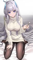 Rule 34 | 1girl, alternate costume, bed sheet, black pantyhose, blue archive, blush, breasts, closed mouth, grey hair, halo, highres, holding, large breasts, long hair, looking at viewer, mechanical halo, mimikaki, noa (blue archive), pantyhose, purple eyes, ribbed sweater, ryouta (ryouta335), smile, solo, sweater, translation request, white sweater