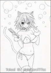 Rule 34 | 10s, 1girl, animal ears, artist name, bell, neck bell, black border, blush, border, breasts, bubble, cat ears, cat tail, collar, covered erect nipples, fake animal ears, hand fan, female focus, folding fan, fur trim, graphite (medium), greyscale, infinite stratos, large breasts, monochrome, navel, nightmare77zx, panties, sarashiki tatenashi, short hair, side-tie panties, simple background, smile, solo, tail, thighhighs, traditional media, underwear