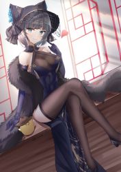 Rule 34 | 1girl, :3, artist name, azur lane, bare shoulders, black hat, blue eyes, blue hair, breasts, brown thighhighs, cheshire (azur lane), cheshire (cait sith crooner) (azur lane), china dress, chinese clothes, cleavage, crossed legs, dress, elanore, elbow gloves, feather boa, fedora, flower, gloves, hat, hat flower, heart, looking at viewer, manjuu (azur lane), medium breasts, multicolored hair, official alternate costume, pelvic curtain, purple dress, purple gloves, see-through, see-through cleavage, sitting, sleeveless, sleeveless dress, streaked hair, sunlight, thighhighs