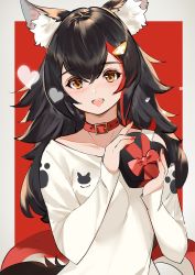 Rule 34 | 1girl, animal ear fluff, animal ears, black hair, blush, box, breasts, collar, commentary, eyelashes, fang, gift, gift box, grey background, hair between eyes, hair ornament, heart, heart-shaped box, holding, holding box, hololive, lips, lipstick, long hair, long sleeves, looking at viewer, majo (pastamajo), makeup, medium breasts, multicolored hair, nail polish, ookami mio, ookami mio (casual), open mouth, orange eyes, paw print, paw print pattern, red background, red collar, red hair, red nails, shirt, simple background, single strap, smile, solo, streaked hair, tail, two-tone background, two-tone hair, upper body, virtual youtuber, white shirt, wolf ears, wolf tail